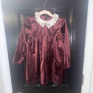 3T Edgehill Collection Burgundy Velvet Dress with Lace Collar